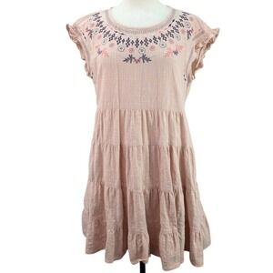 Knox‎ Rose Women's Floral Embroidered Dress Size M Dusty Pink Gauzy Tiered Boho